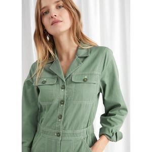 & Other Stories Relaxed Organic Cotton Utility Boiler Jumpsuit Green-2